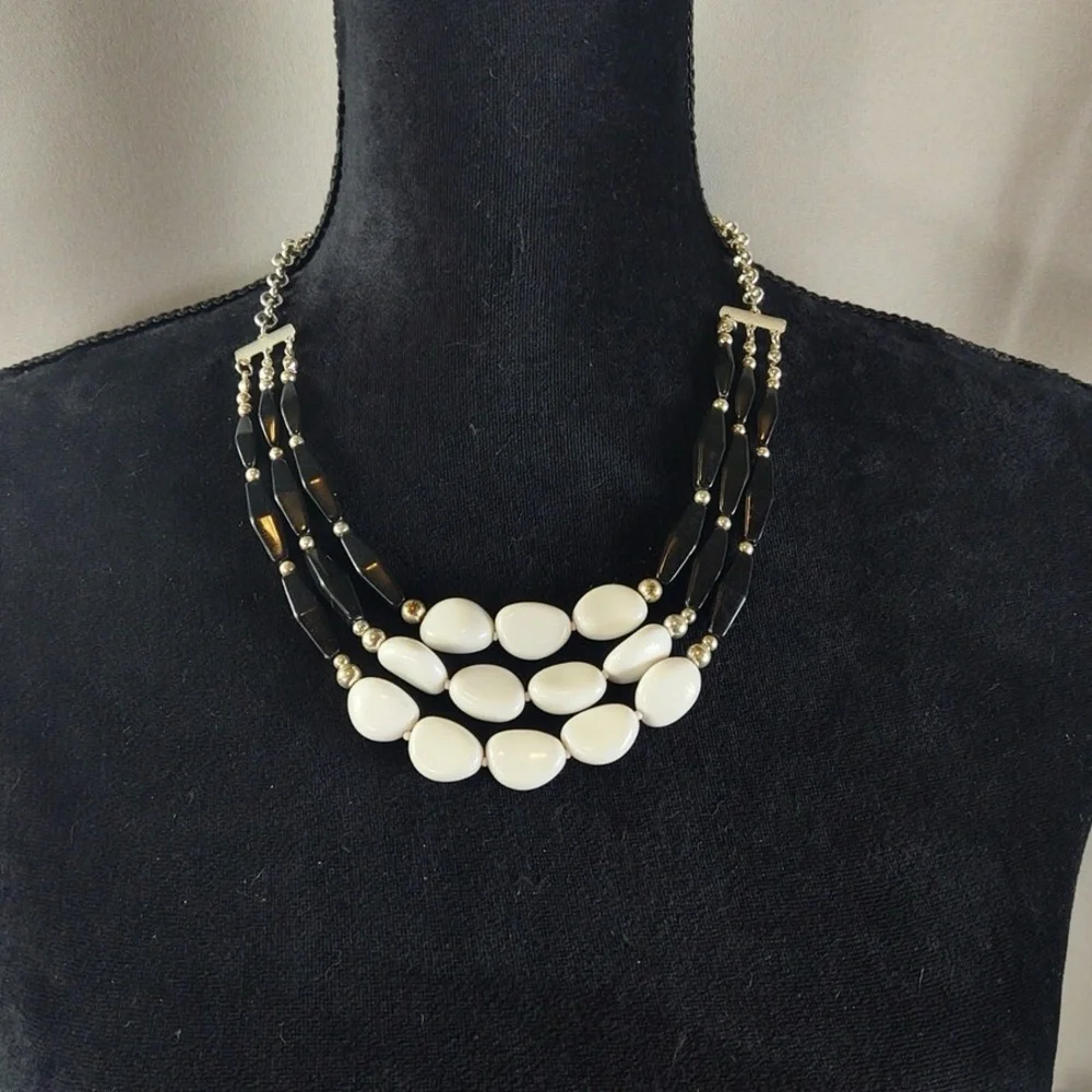 Vintage Multi Strand Beaded Choker Necklace Black White Silver Tone